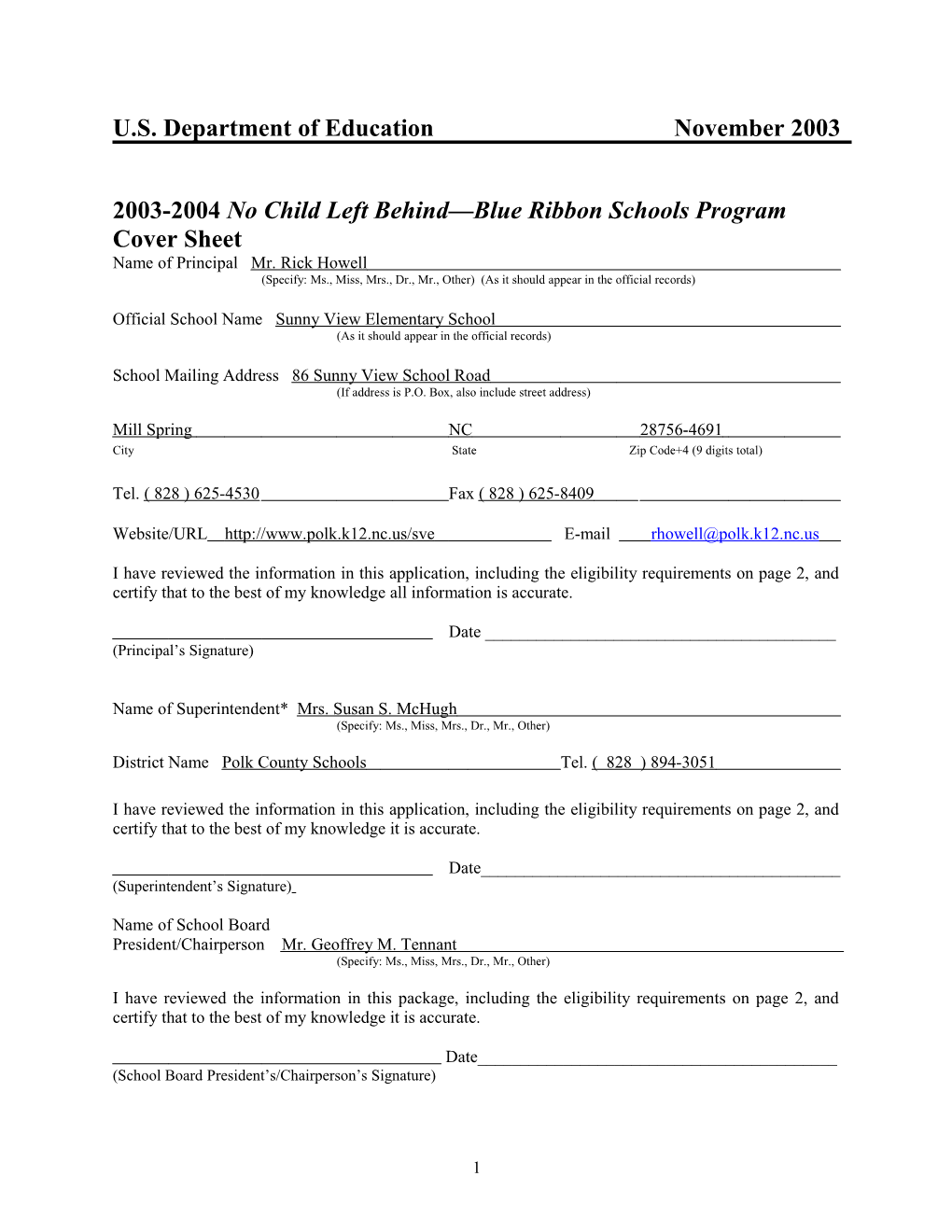 Sunny View Elementary School 2004 No Child Left Behind-Blue Ribbon School Application (Msword)
