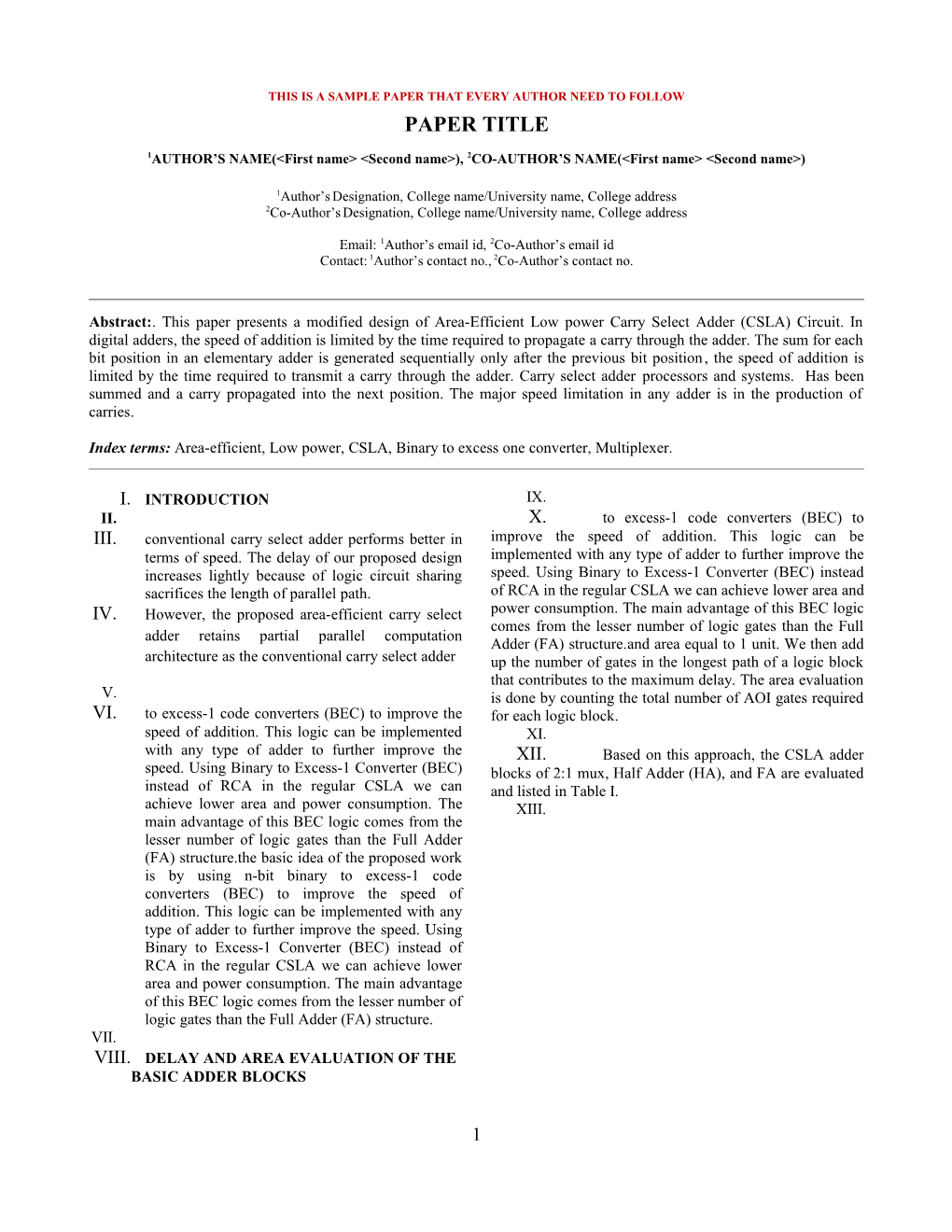 Area Efficient and Low Power Carry Select Adder Using Binary to Excess One Converter