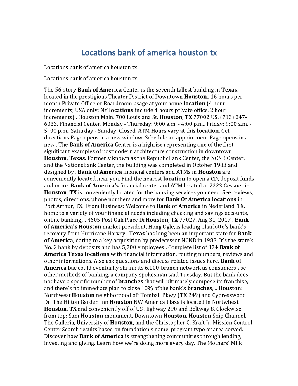 Locations Bank of America Houston Tx