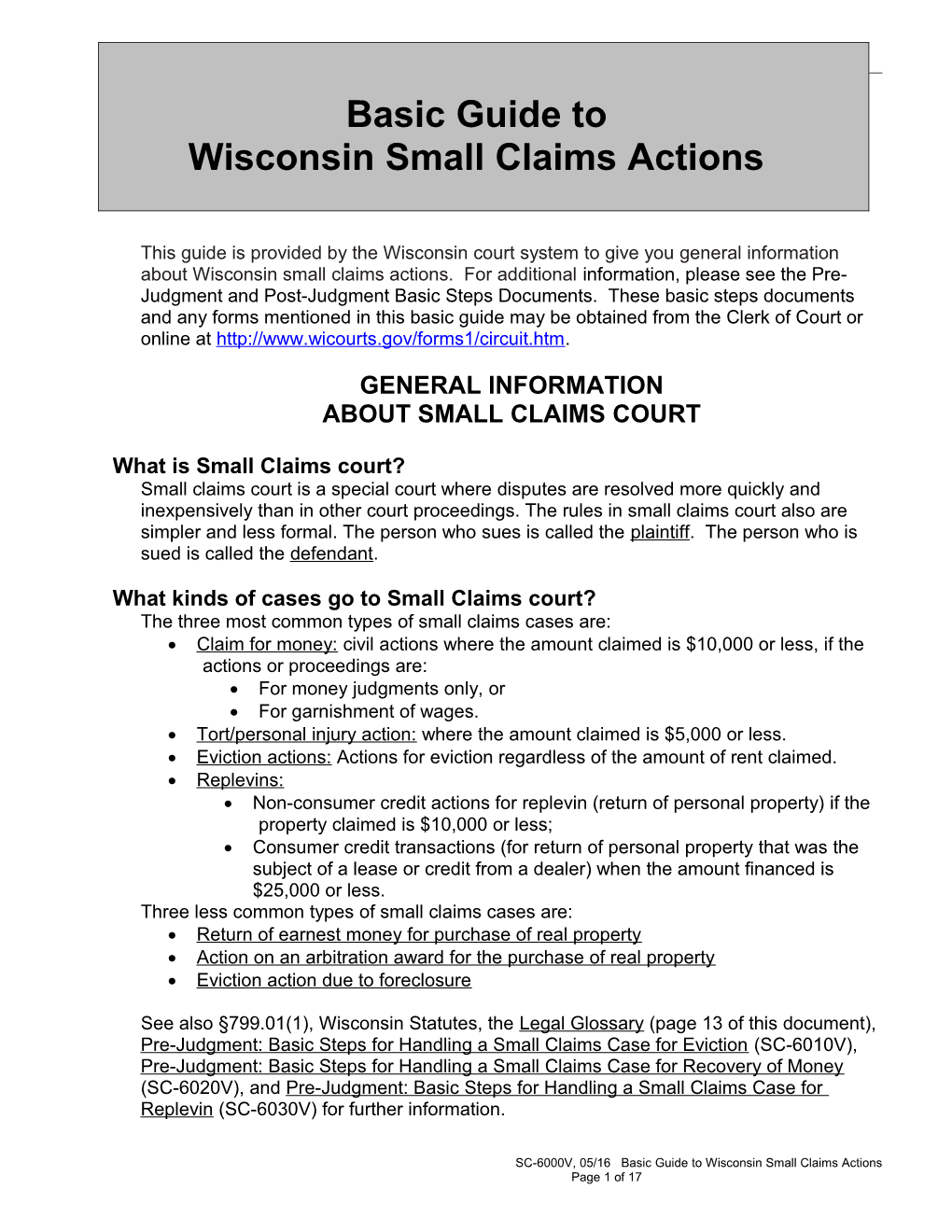 SC-6000: Basic Guide to Wisconsin Small Claims Actions