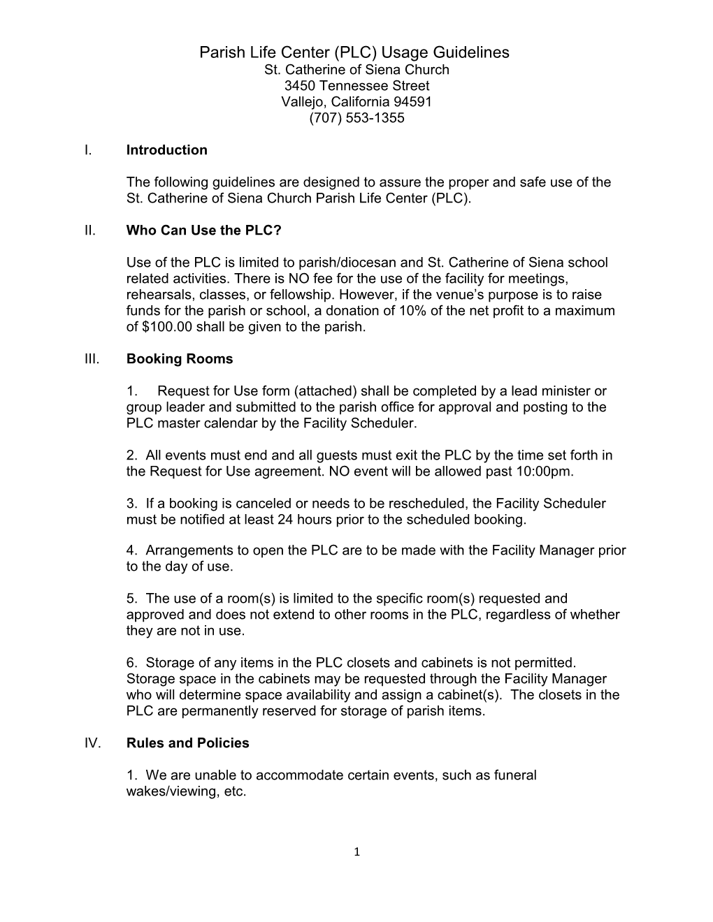 Parish Life Center (PLC) Usage Guidelines