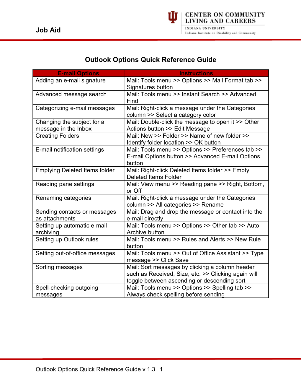 Outlook Options Quick Reference Guide