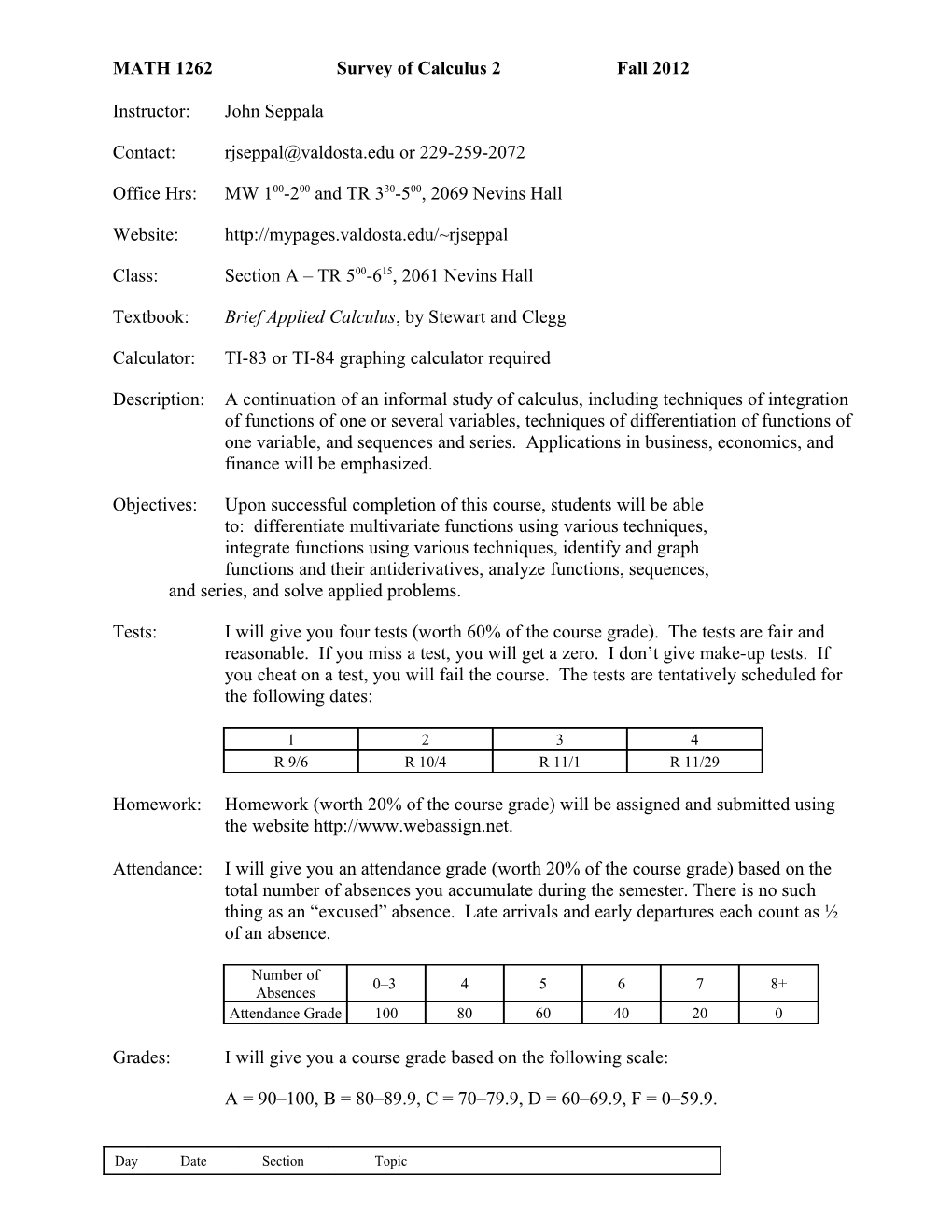 MATH 1262 a Syllabus Fall 2012