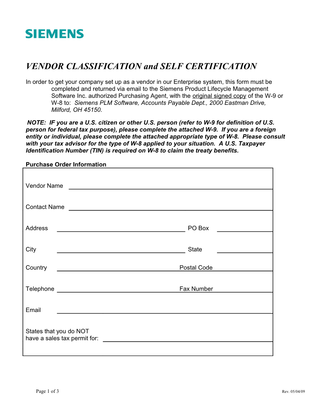 VENDOR CLASSIFICATION and SELF CERTIFICATION