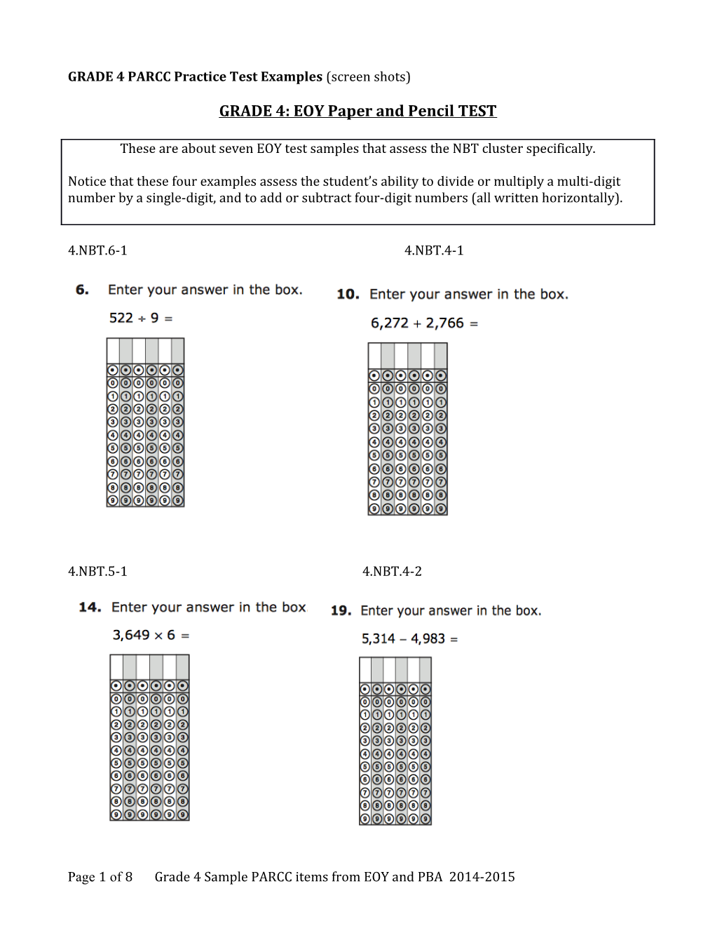 GRADE 4 PARCC Practice Test Examples (Screen Shots)