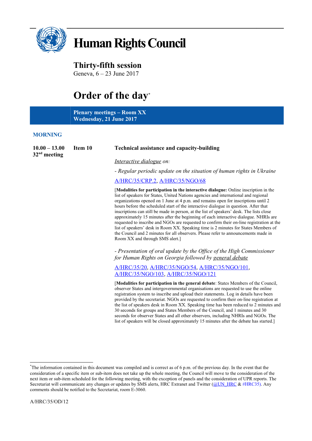 Order of the Day, Wednesday 21 June 2017
