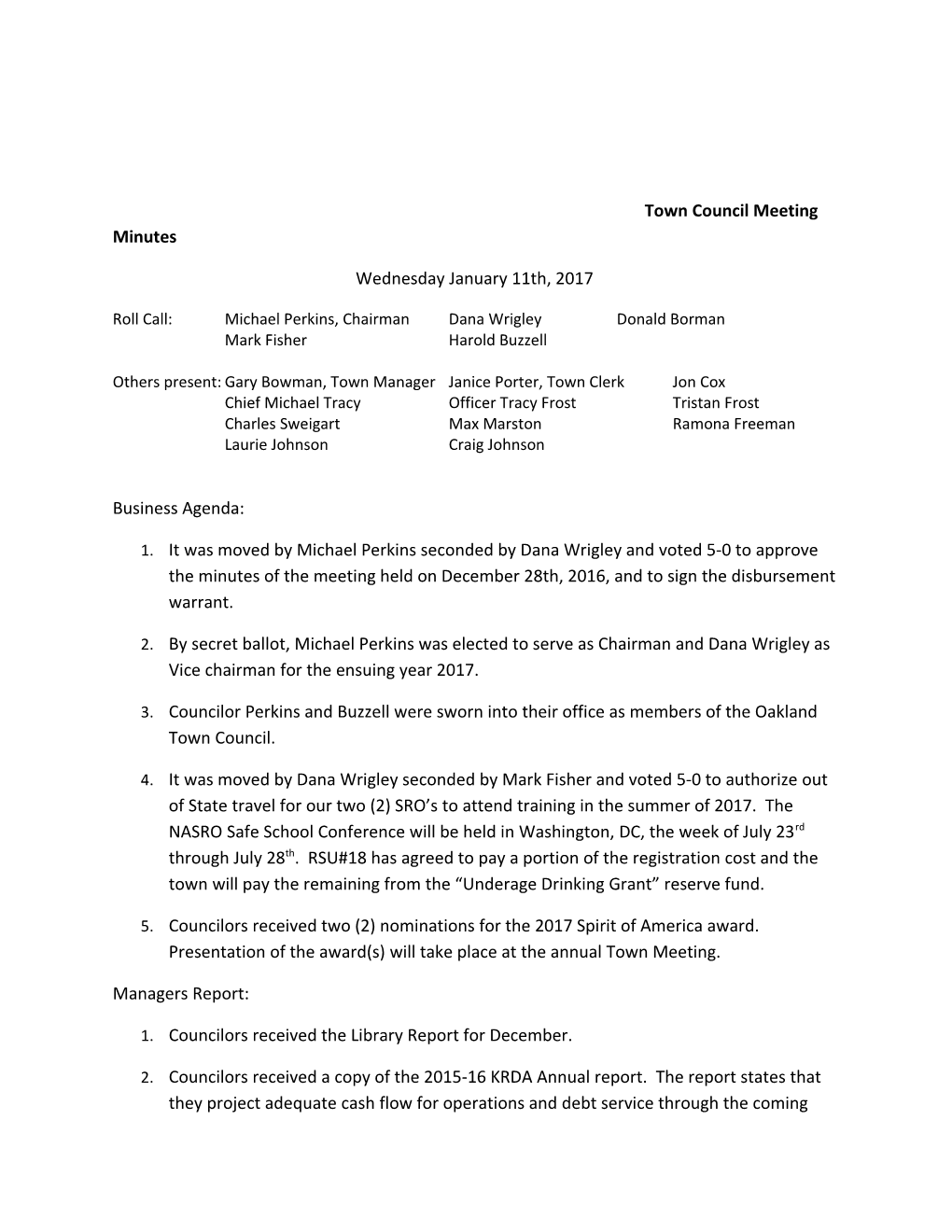 Town Council Meeting Minutes