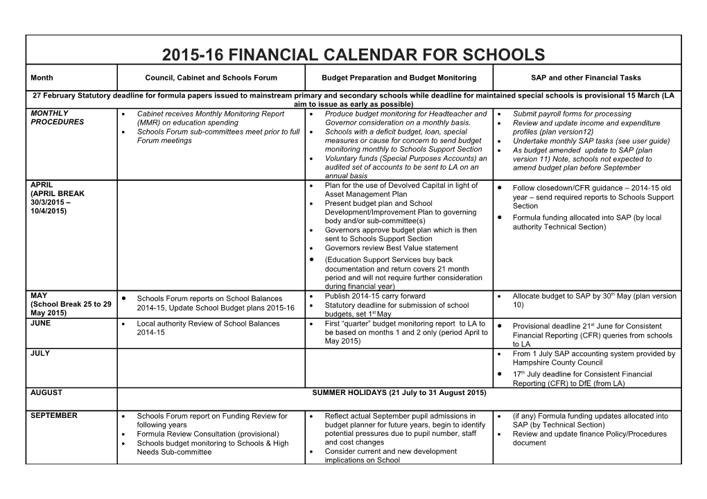 2007 Financial Calendar for Schools