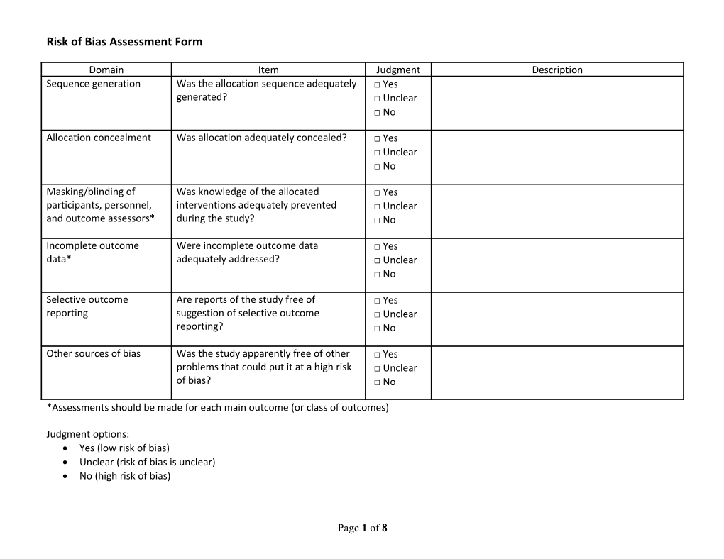 Risk of Bias Assessment Form