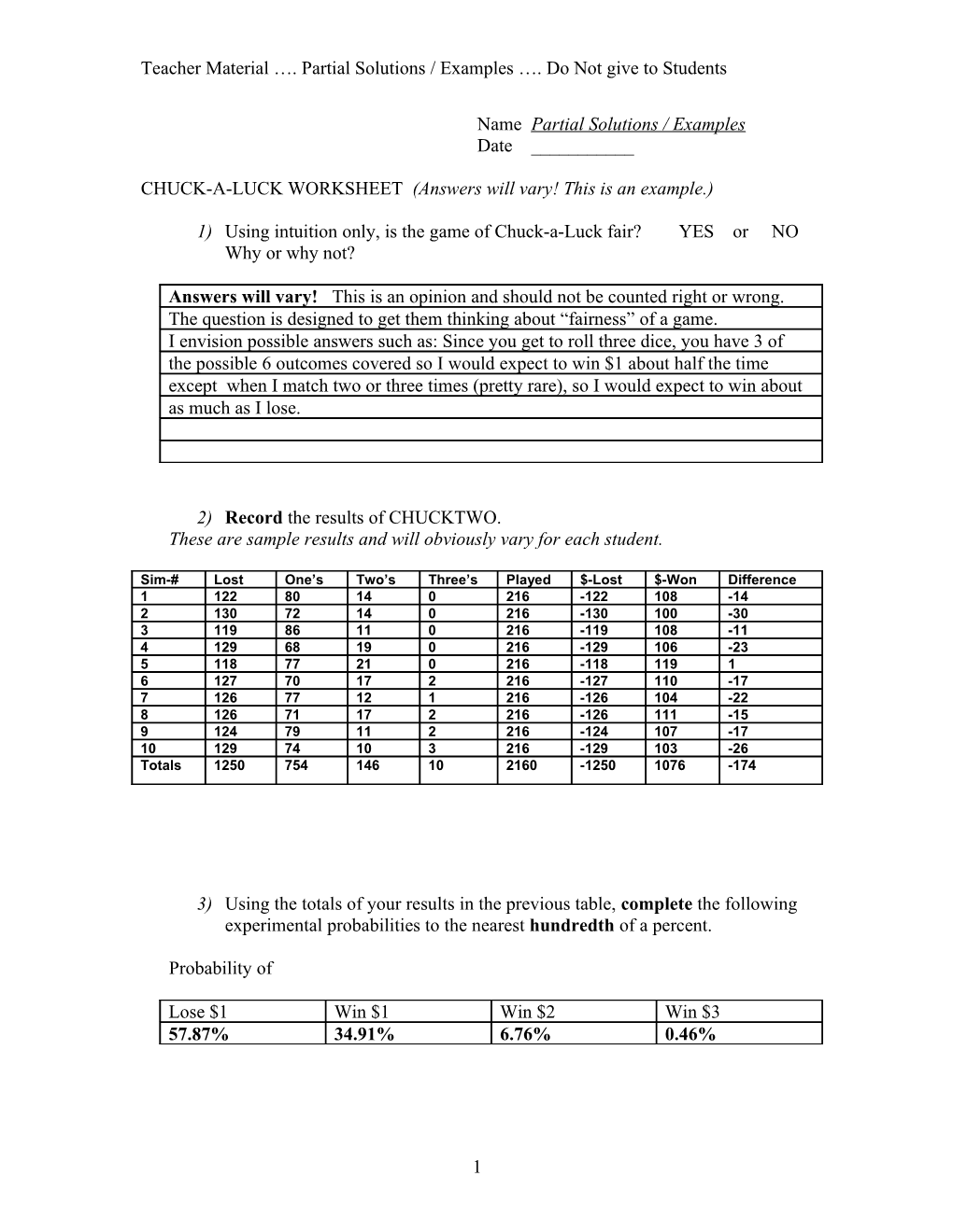 Chuck-A-Luck Worksheet