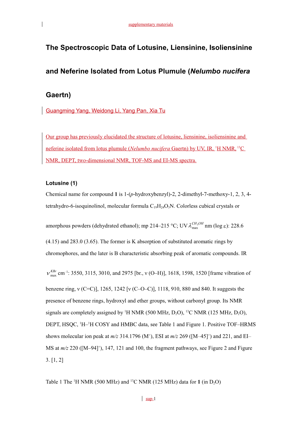 The Spectroscopic Data of Lotusine,Liensinine, Isoliensinine and Neferineisolated From