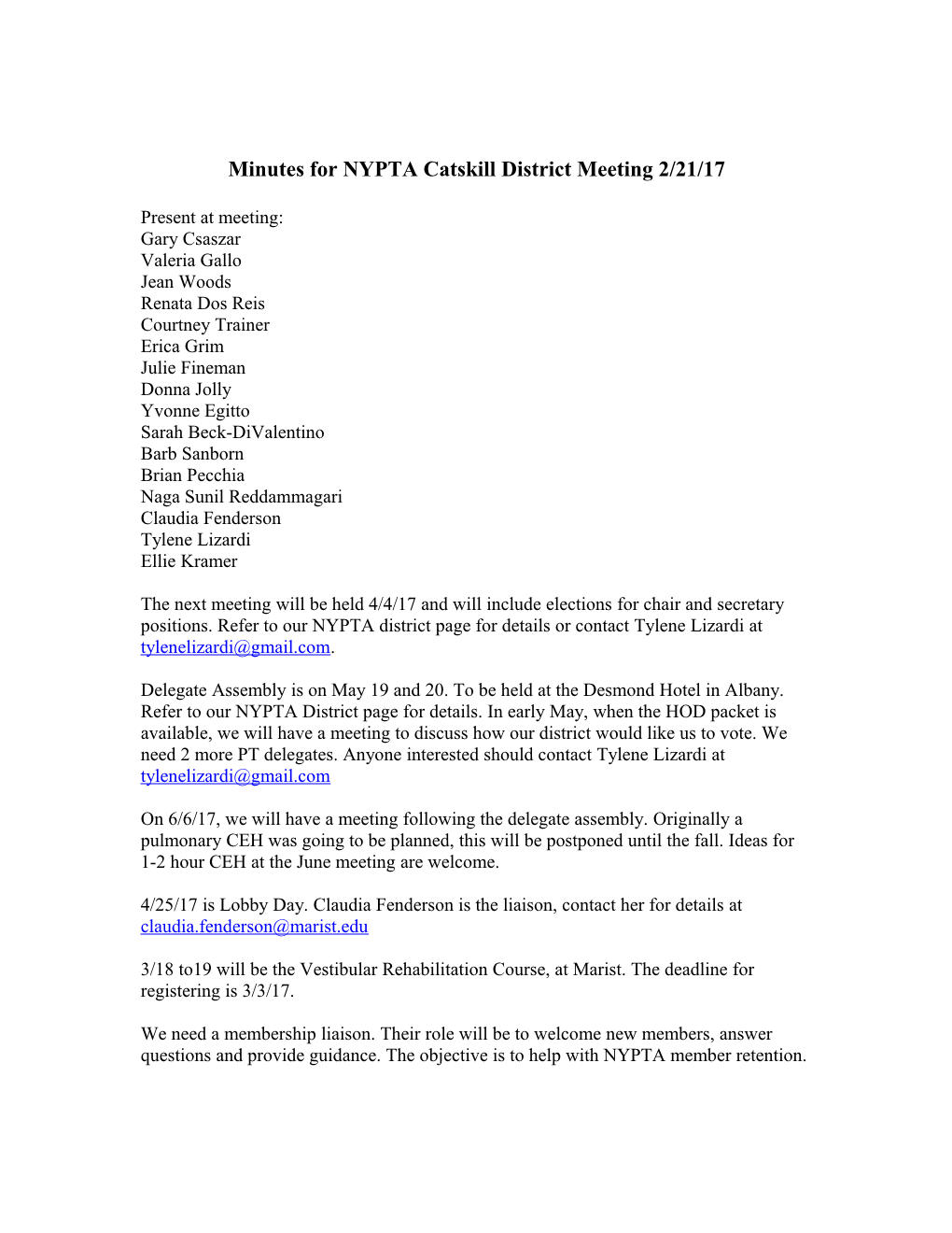 Minutes for NYPTA Catskill District Meeting 2/21/17