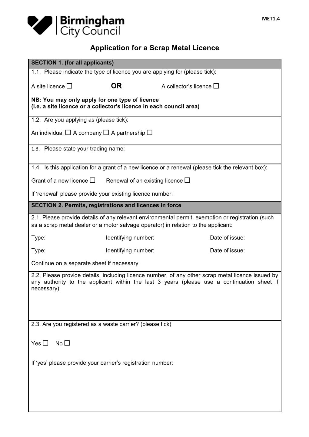 Application for a Scrap Metal Licence