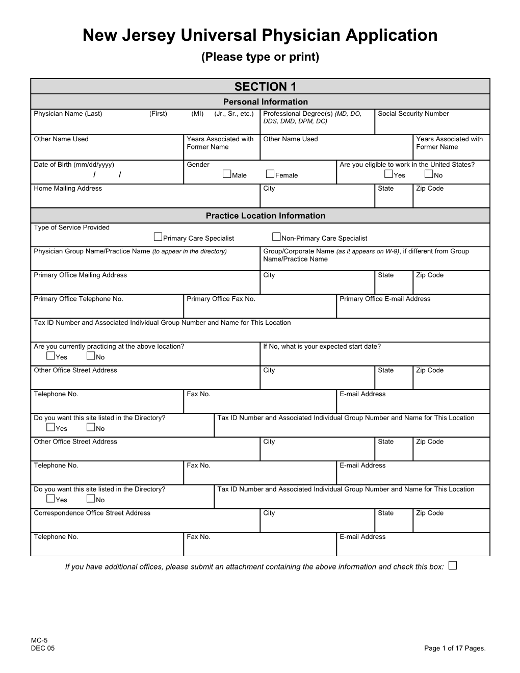 New Jersey Universal Physician Application