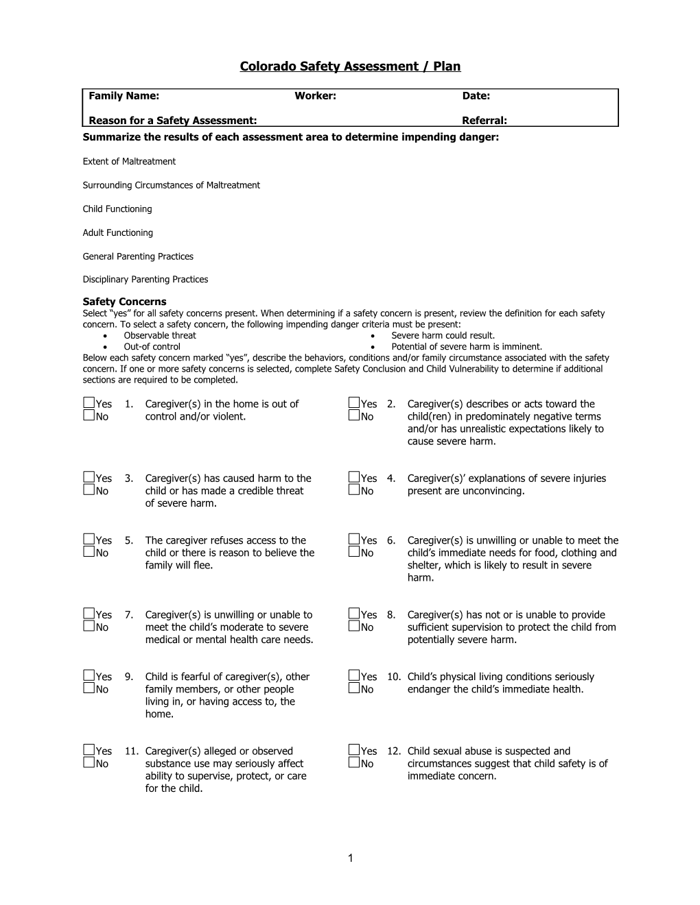 Colorado Safety Assessment/ Plan