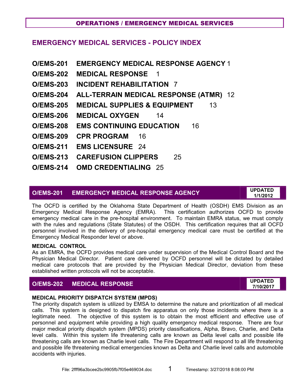 O/Ems-201 Emergency Medical Response Agency 1