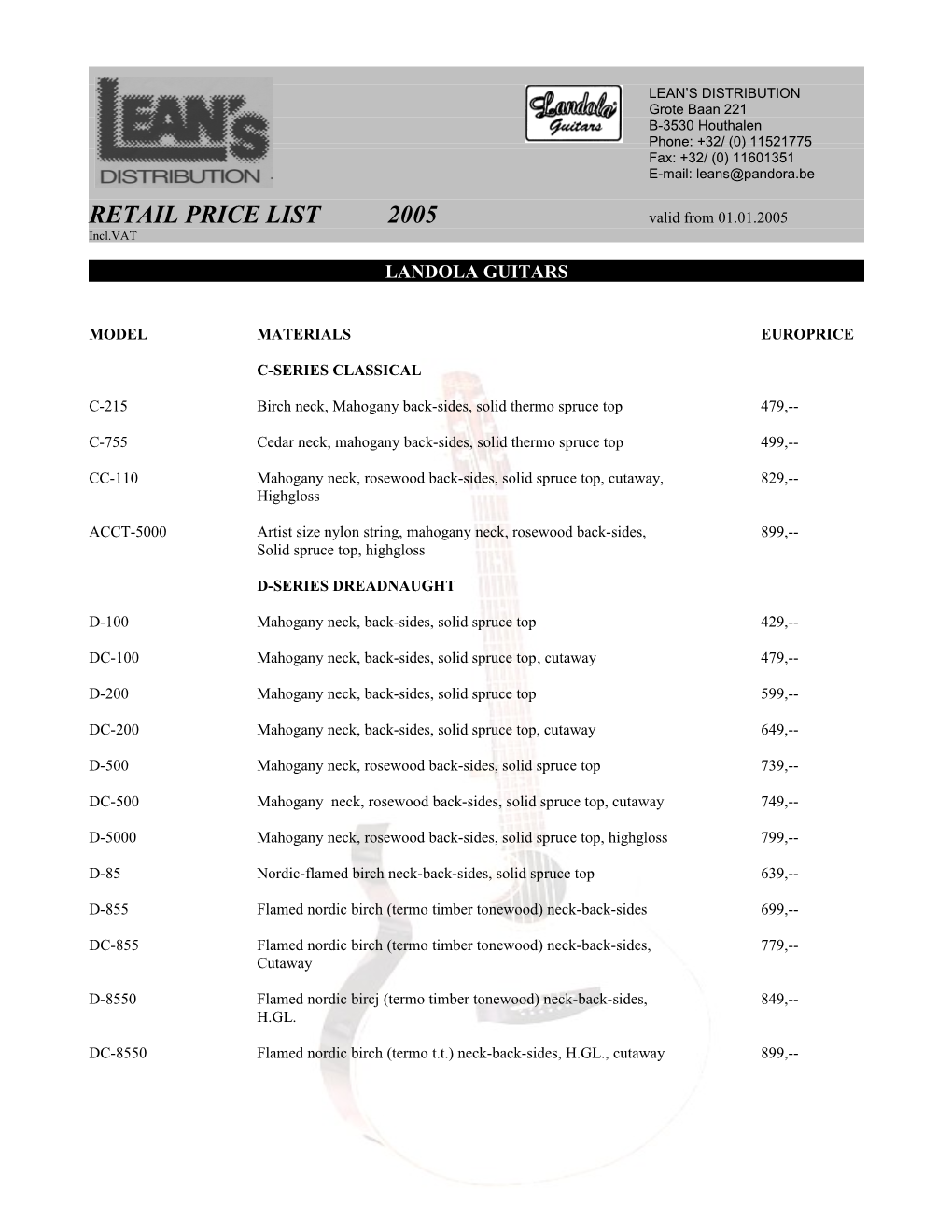 RETAIL PRICE LIST 2005 Valid from 01.01.2005