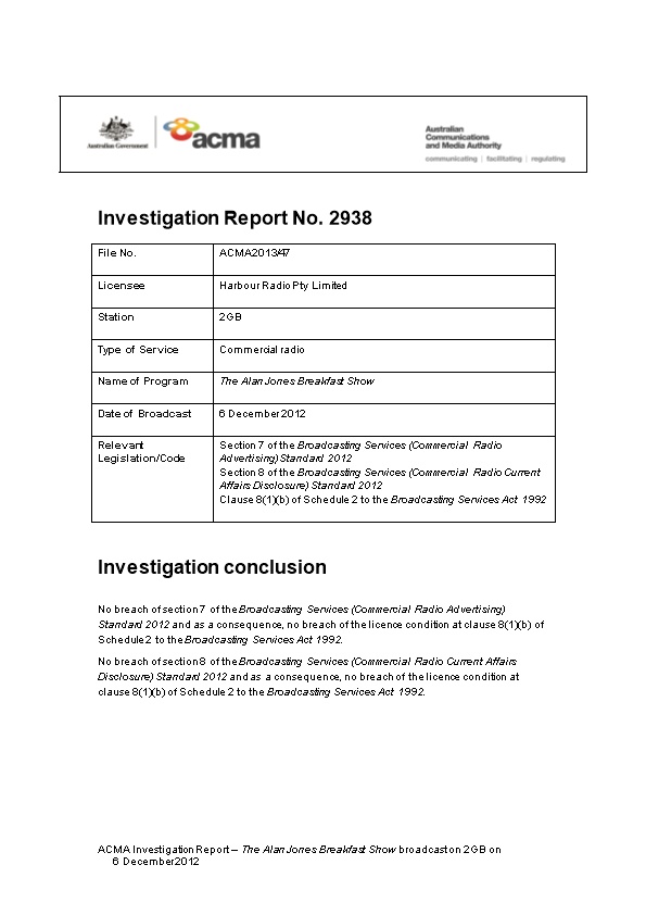 2GB - ACMA Investigation Report 2938