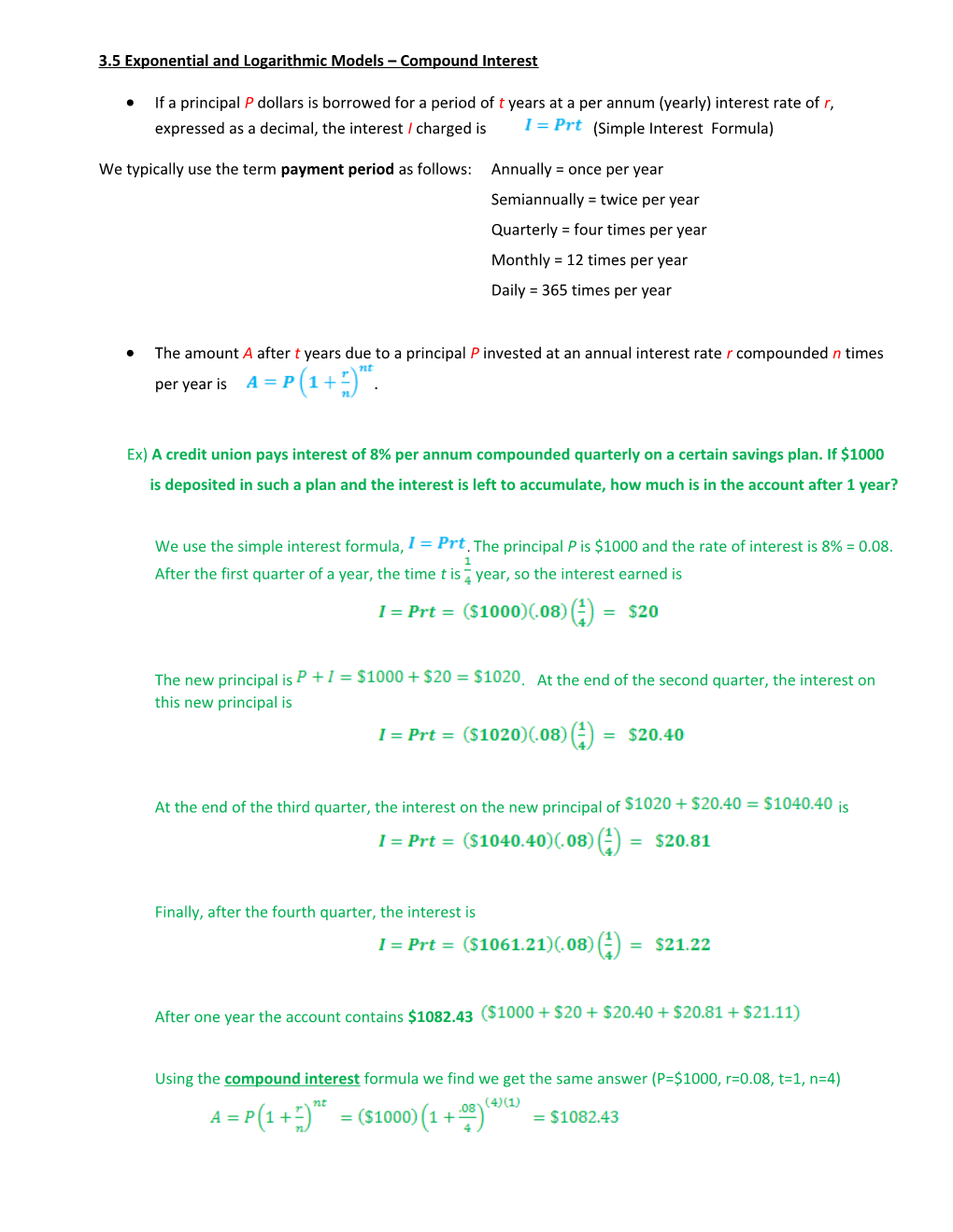 3.5 Exponential and Logarithmic Models Compound Interest