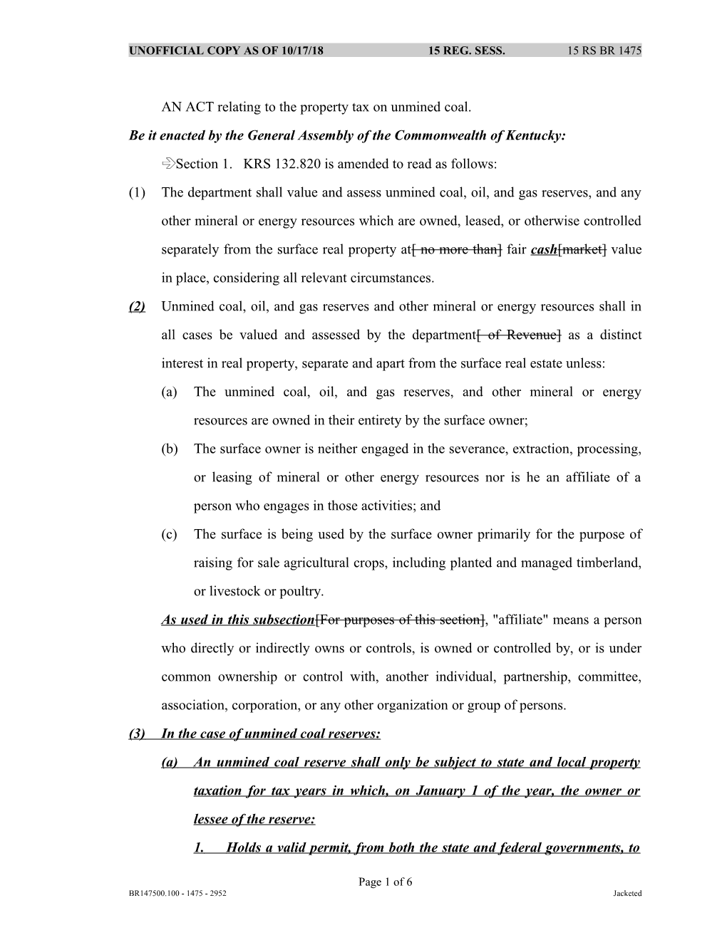 AN ACT Relating to the Property Tax on Unmined Coal