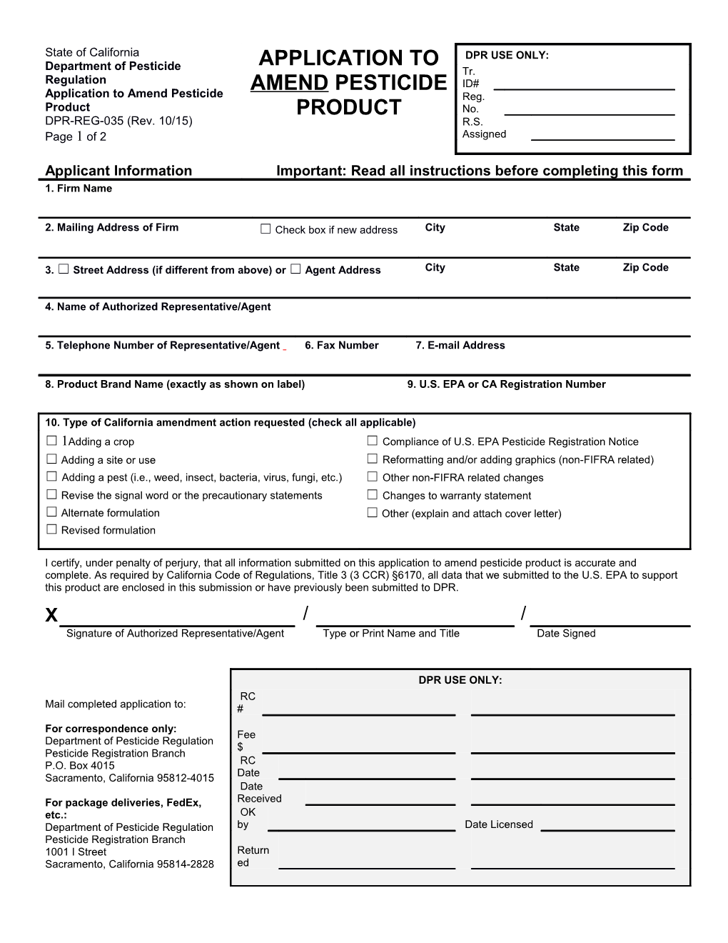 Application to Amend Pesticide Product