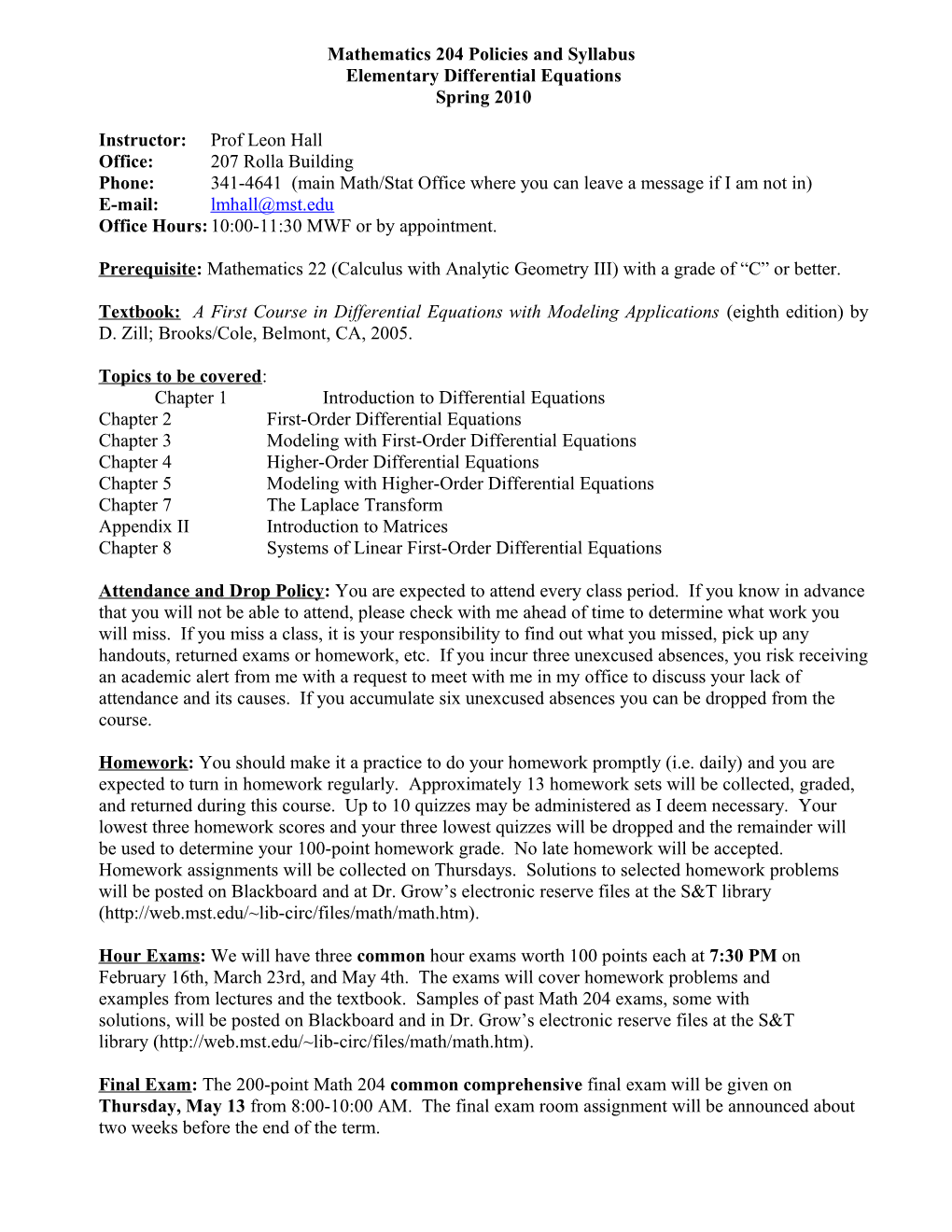Mathematics 204 Syllabus (Last Revised August 2005)