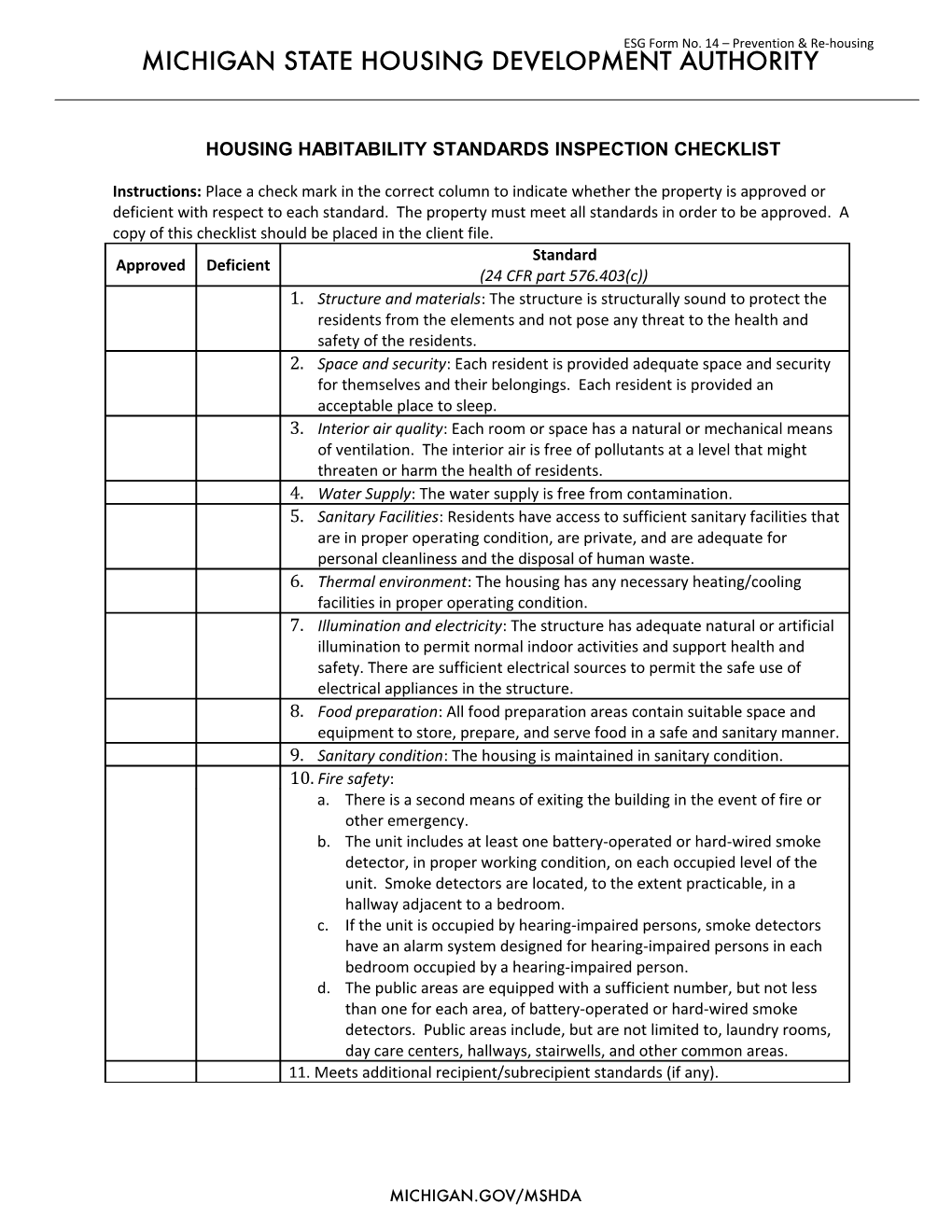 Housing Habitability Standards Inspection Checklist