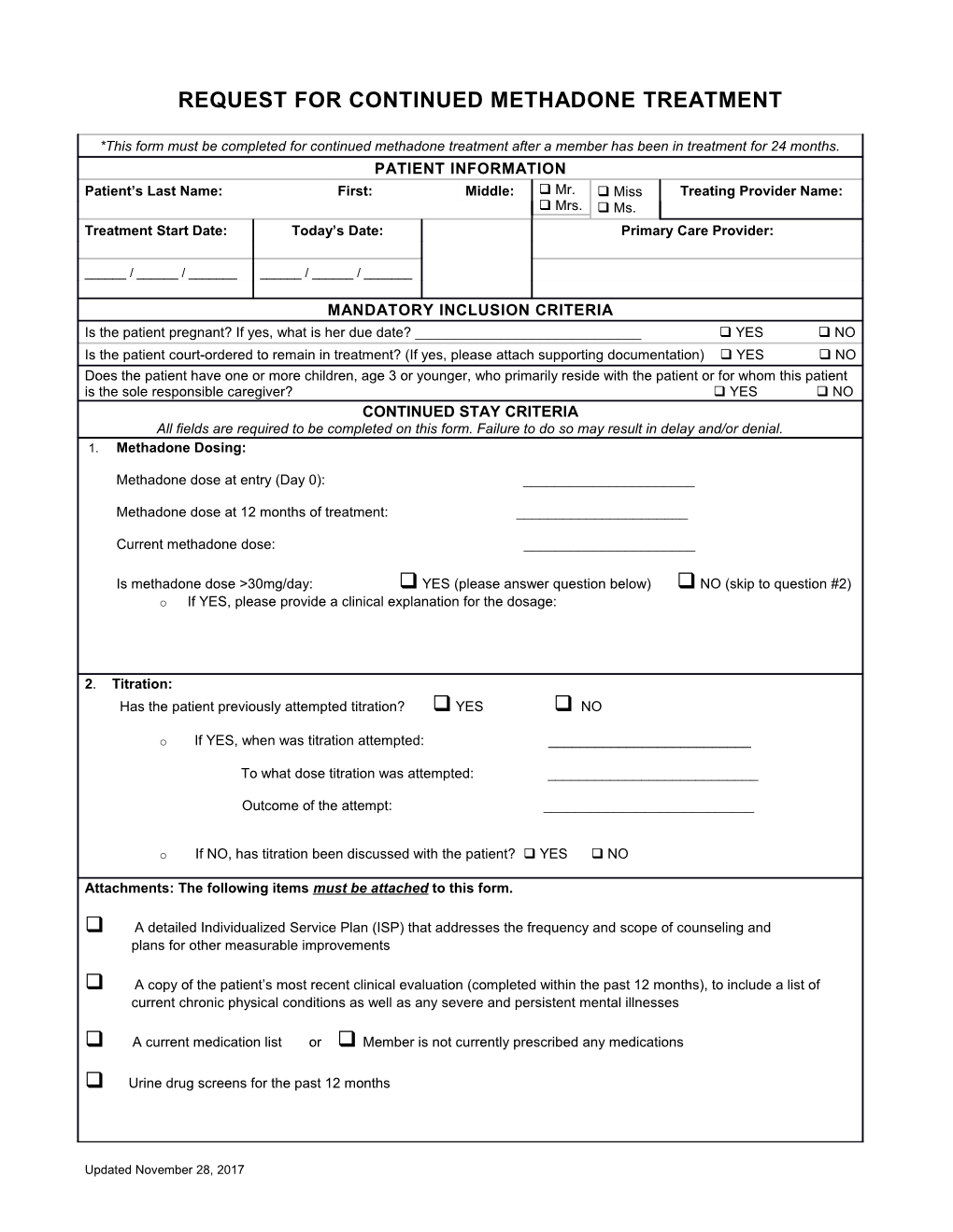 Request for Continued Methadone Treatment Form