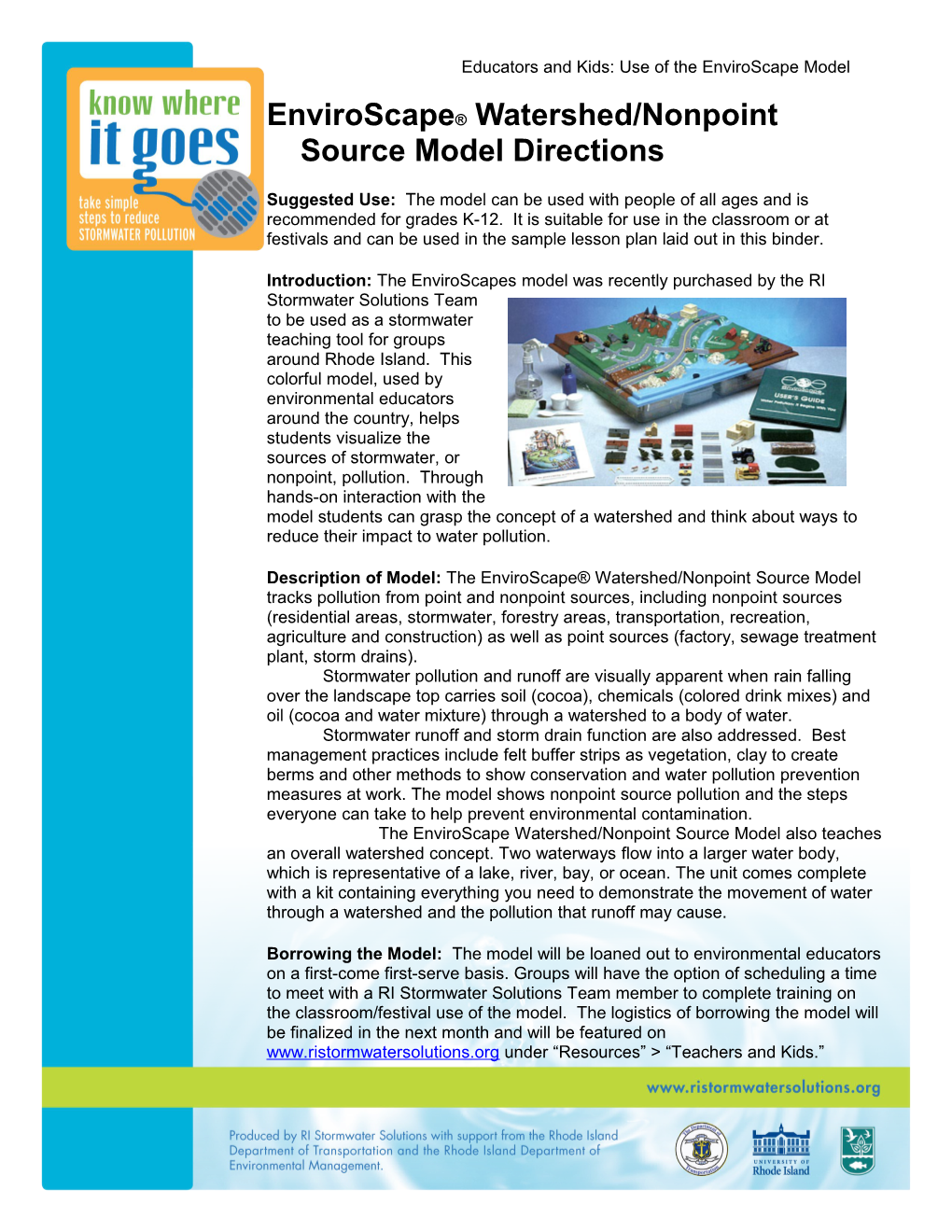 Enviroscape Watershed/Nonpoint Source Model Directions