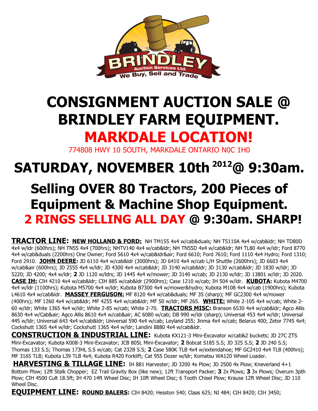 Consignment Auction Sale Brindley Farm Equipment