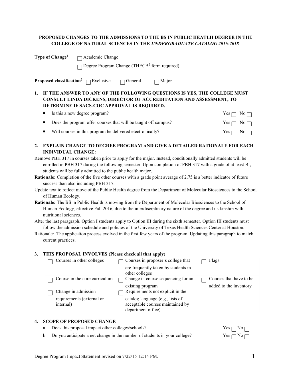 Proposed Changes to the Admissions to the Bs in Public Heatlh Degree in the College Of