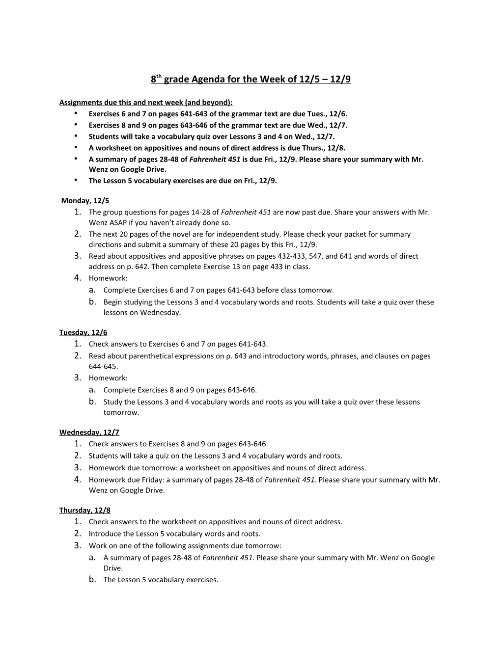 8Th Grade Agenda for the Week of 12/5 12/9