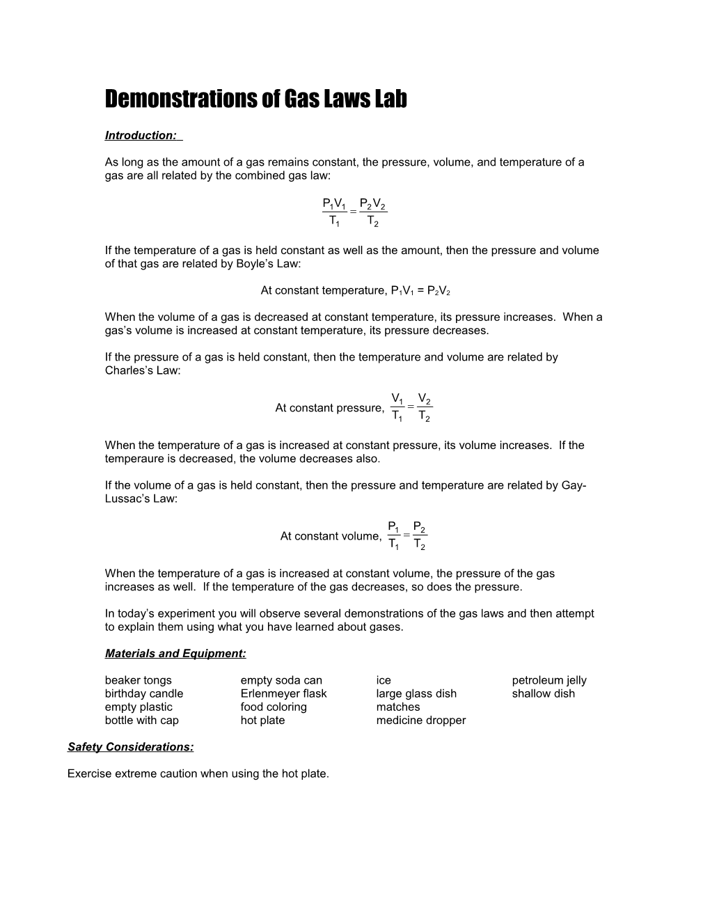 Demonstrations of Gas Laws Lab