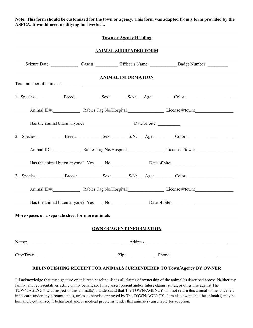 Note: This Form Should Be Customized for the Town Or Agency. This Form Was Adapted From