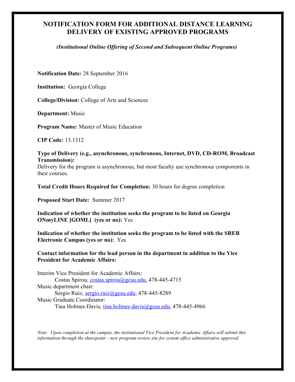 Notification Form for Additional Distance Learning Delivery of Existing Approved Programs