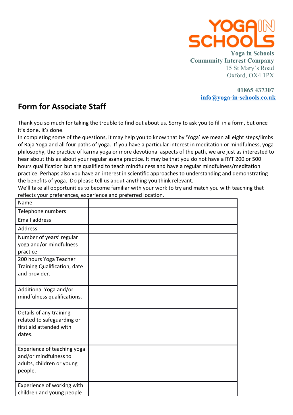 Form for Associate Staff