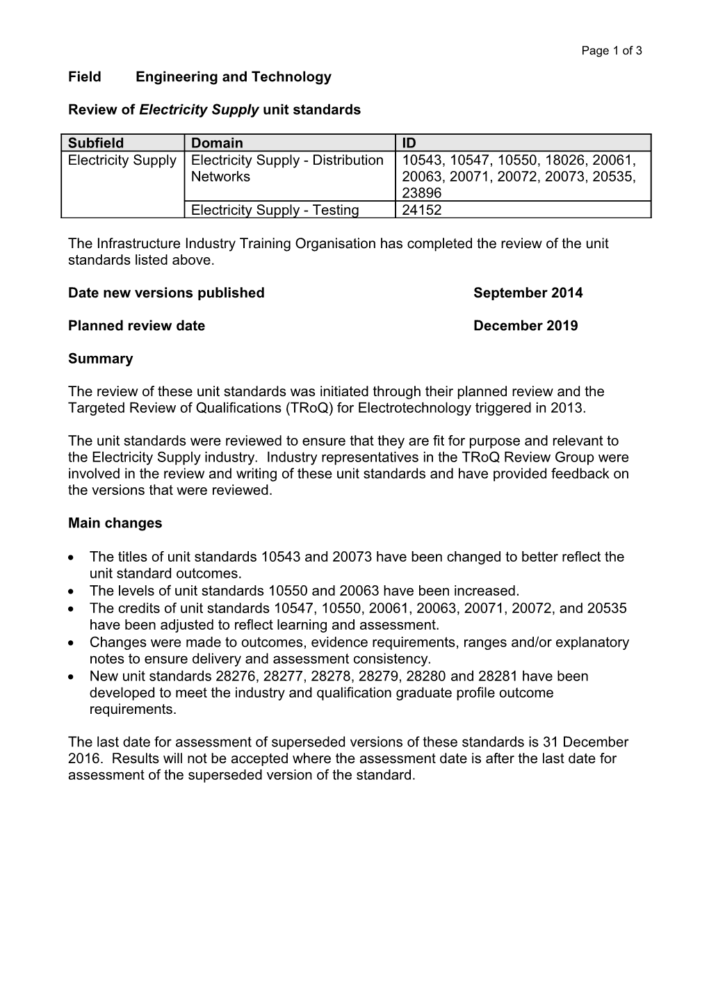 Review of Electricity Supply Unit Standards