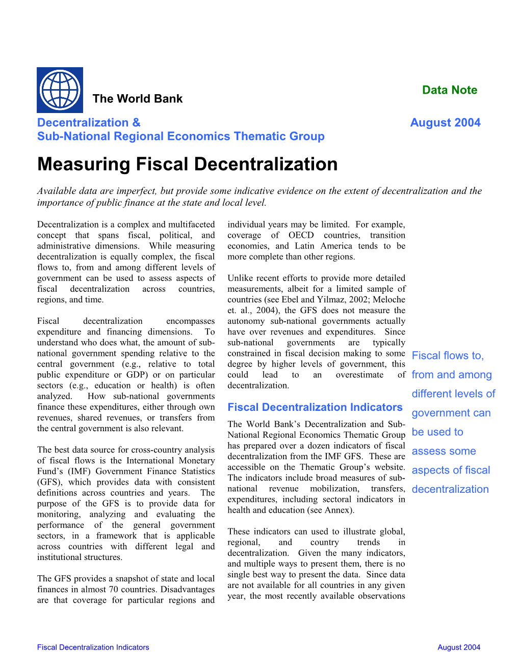 Decentralization and Sub-National Economics Thematic Group