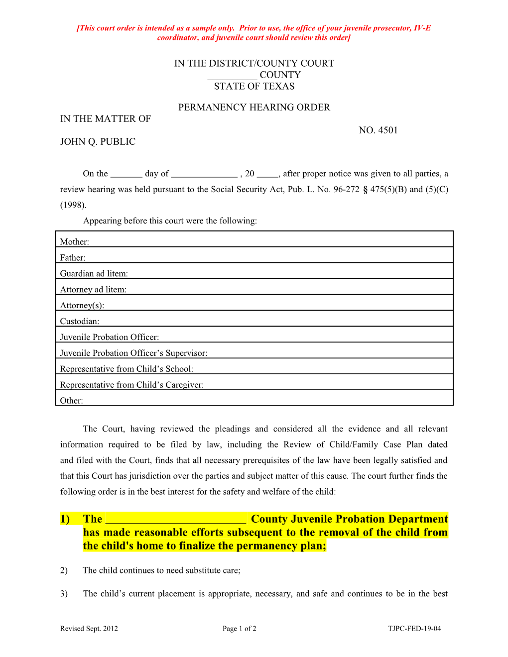 TJPC-FED-19-04 Sample Permanency Hearing Order