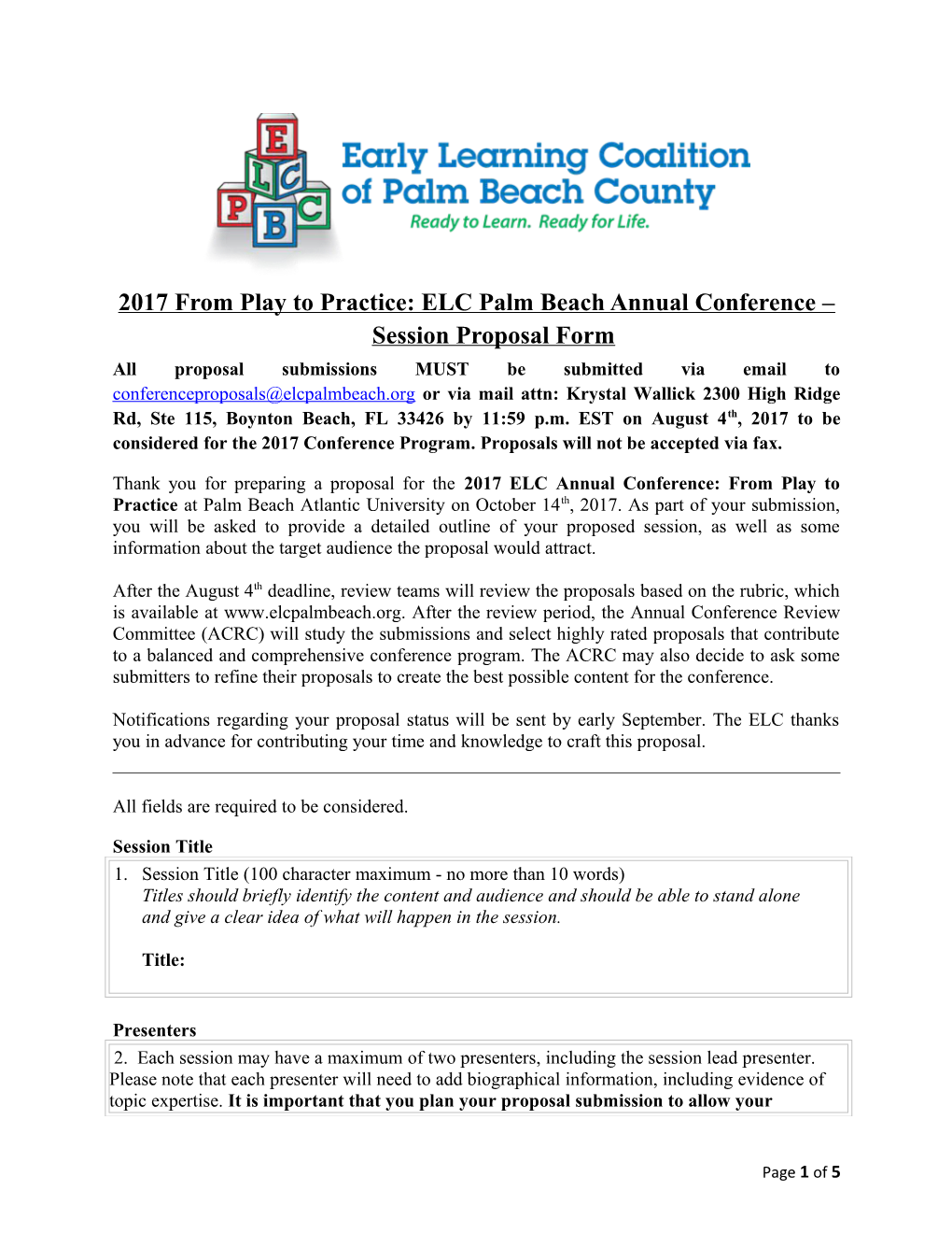 2017 from Play to Practice: ELC Palm Beach Annual Conference Session Proposal Form