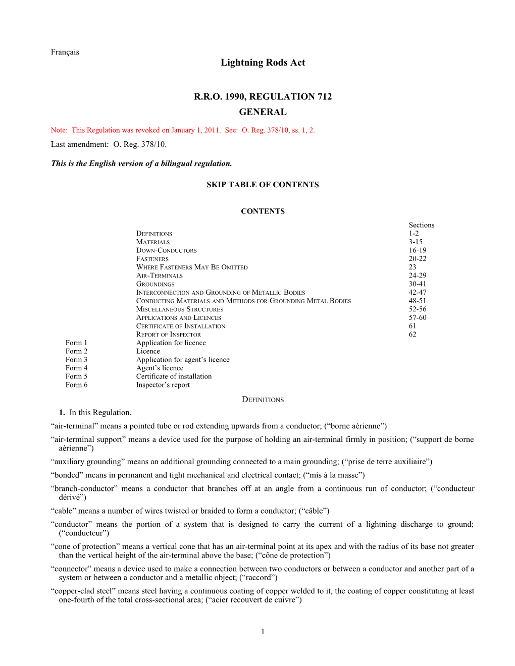 Lightning Rods Act - R.R.O. 1990, Reg. 712