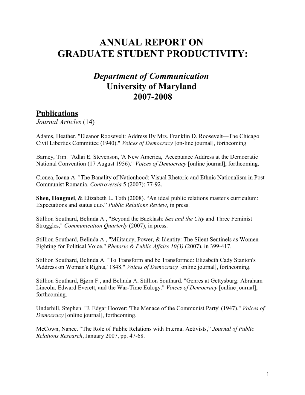 Report on Graduation Student Productivity