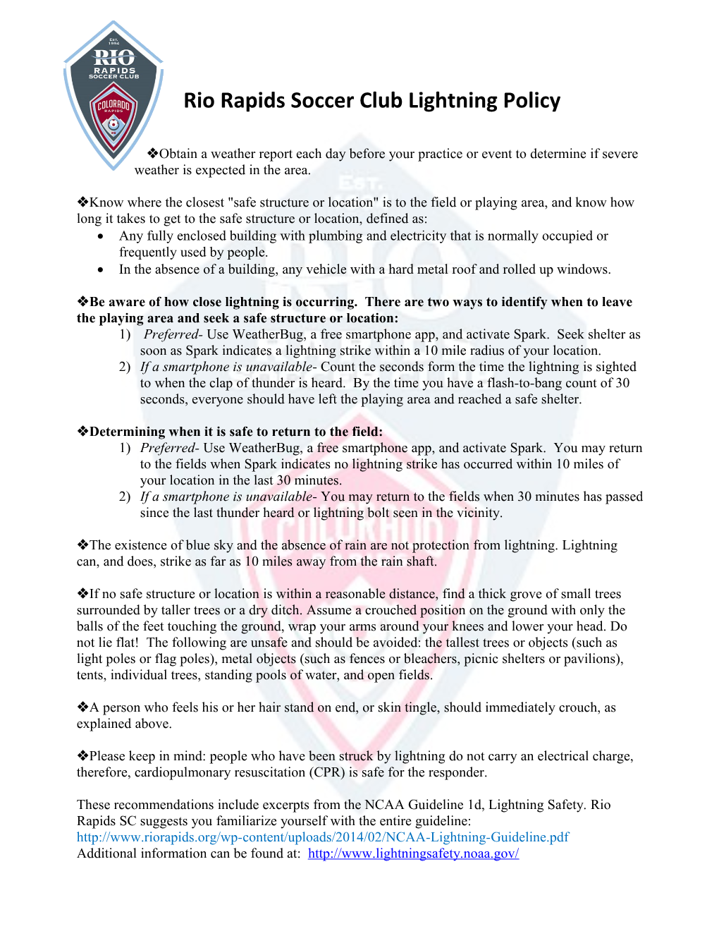 Rio Rapids Soccer Club Lightning Policy
