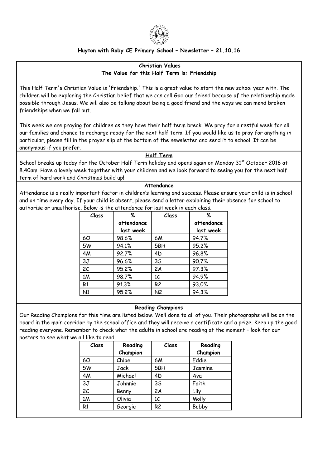 Huyton with Roby CE Primary School Newsletter 21.10.16