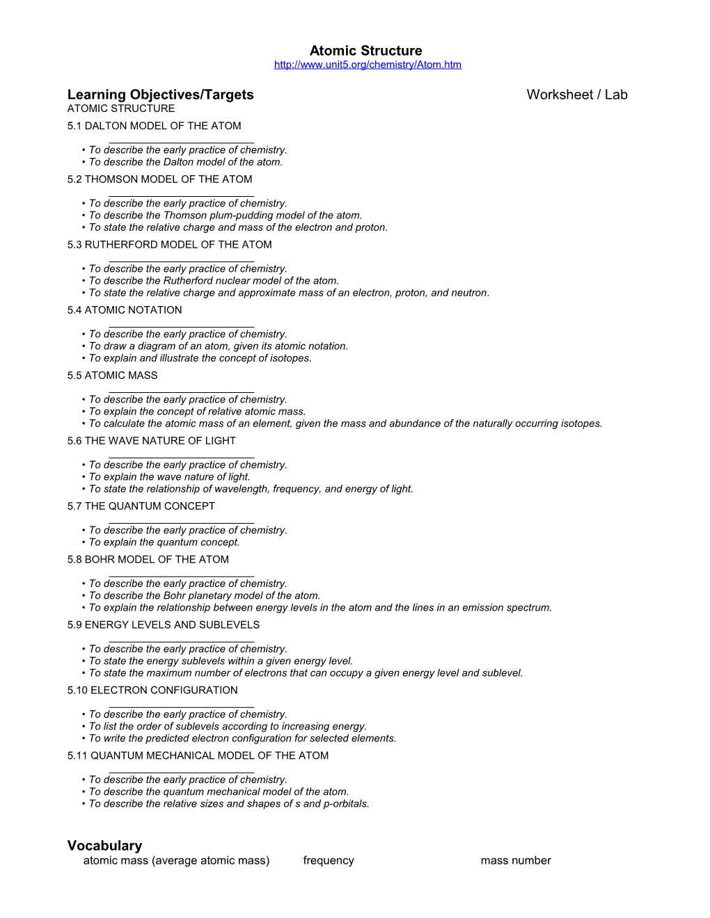 Learning Objectives/Targets Worksheet / Lab