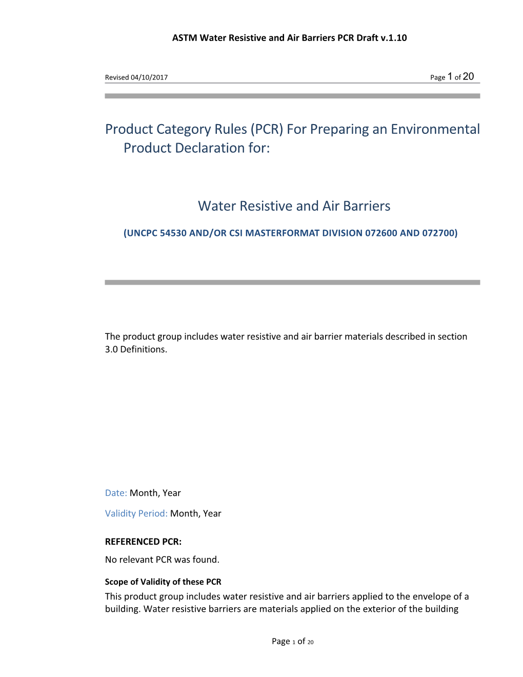 ASTM Water Resistive and Air Barriers PCR Draft V.1.10