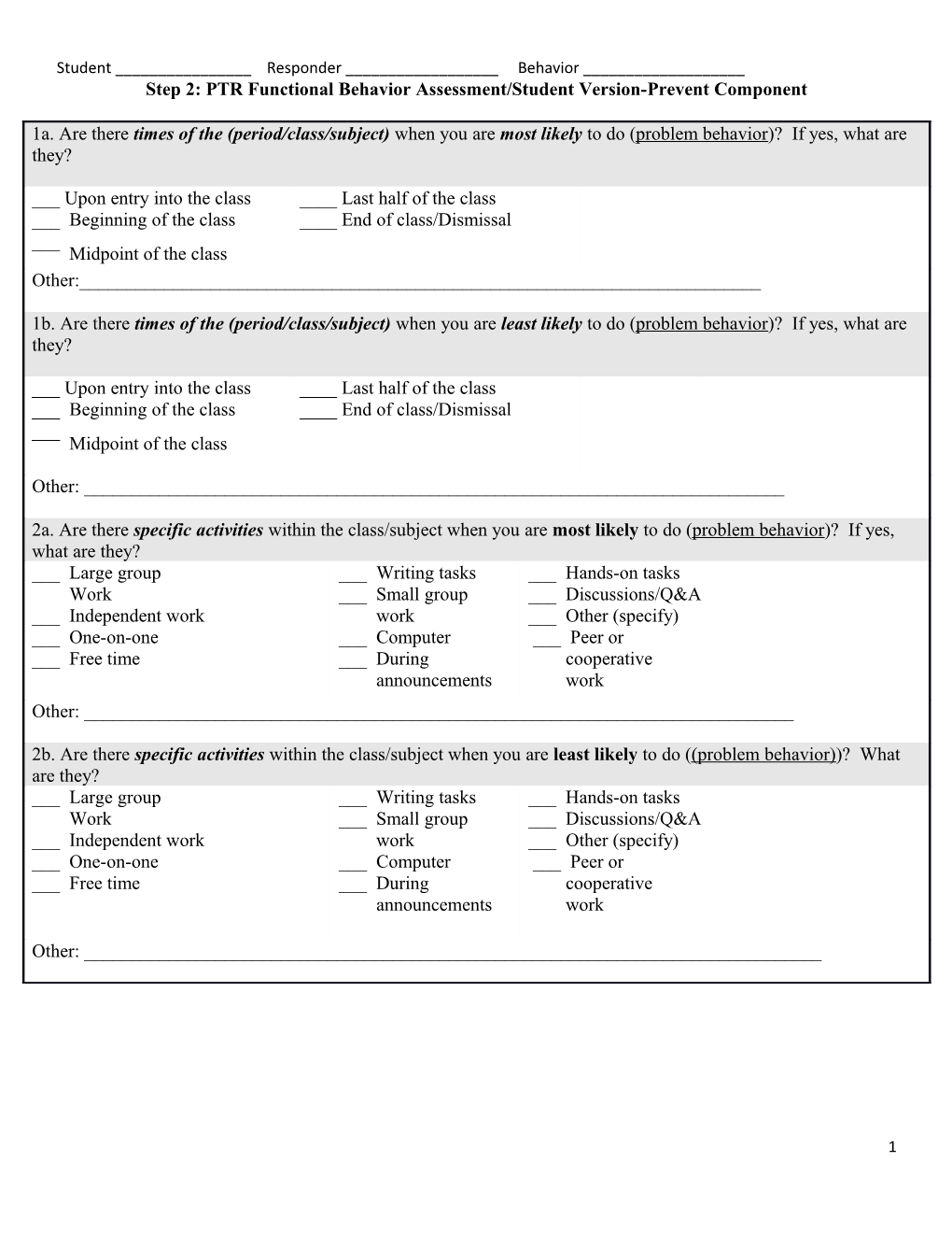 Step 2: PTR Functional Behavior Assessment/Student Version-Prevent Component