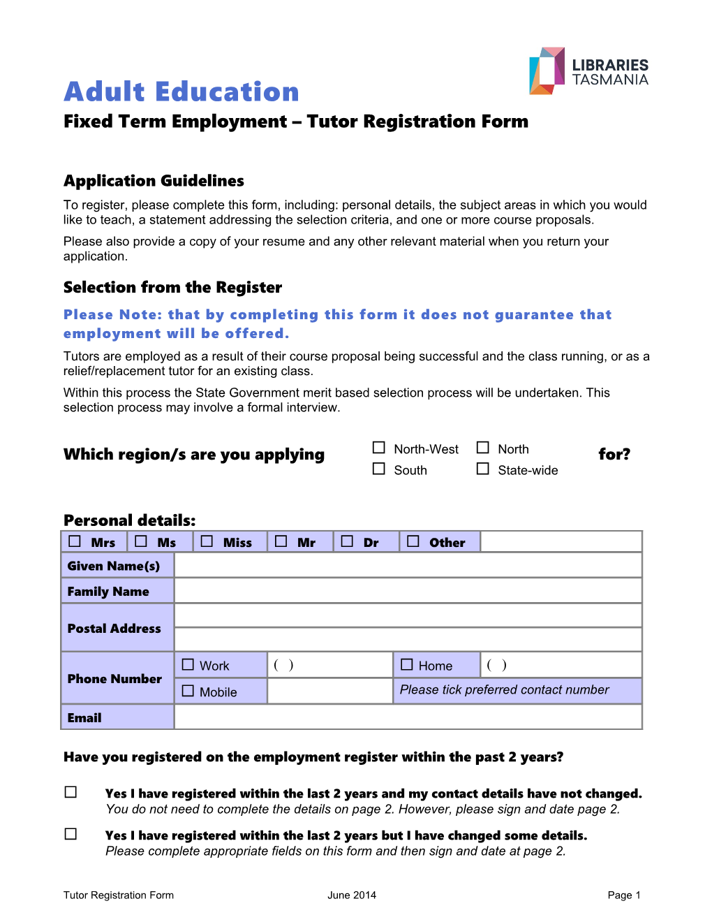 Fixed Term Employment Tutor Registration Form