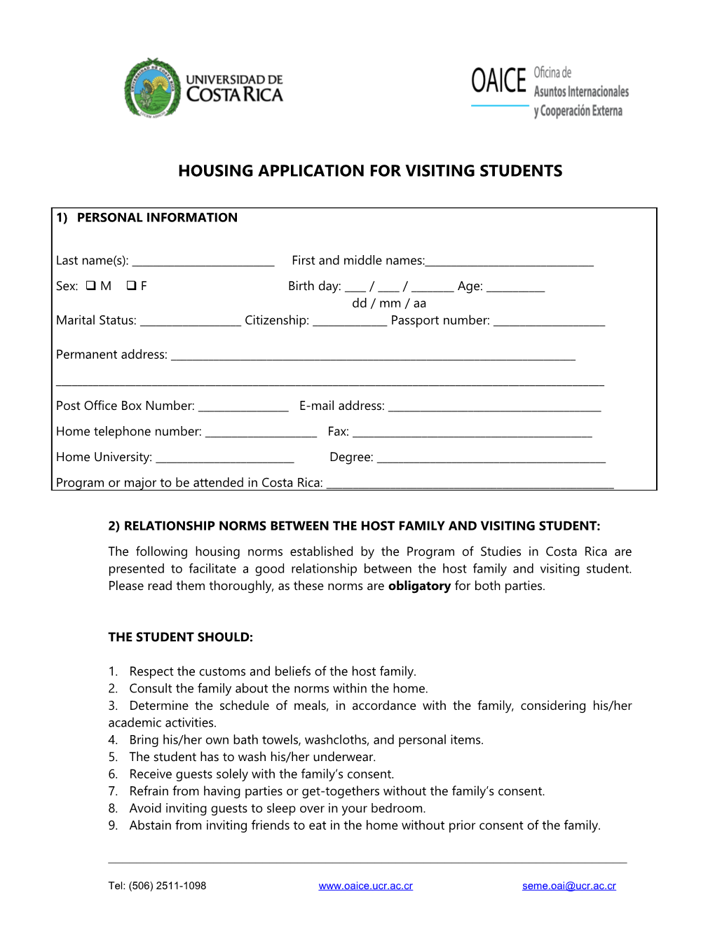 Housing Application for Visiting Students