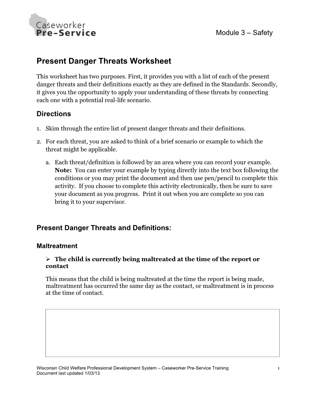 Present Danger Threats Worksheet